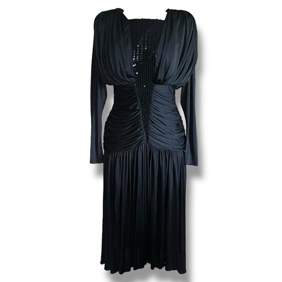 Vintage 1980s Claraluna Originals Dress Sz Small Black Coffin Pleat Vamp Disco - Picture 4 of 13
